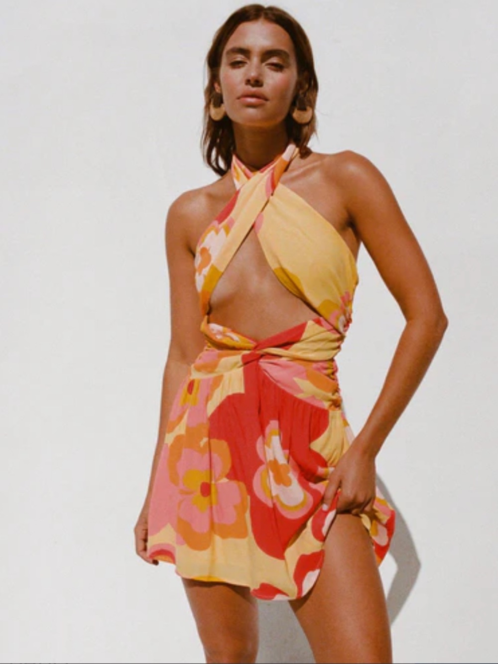 Yellow & Red Floral Halter Cutout Mini Dress